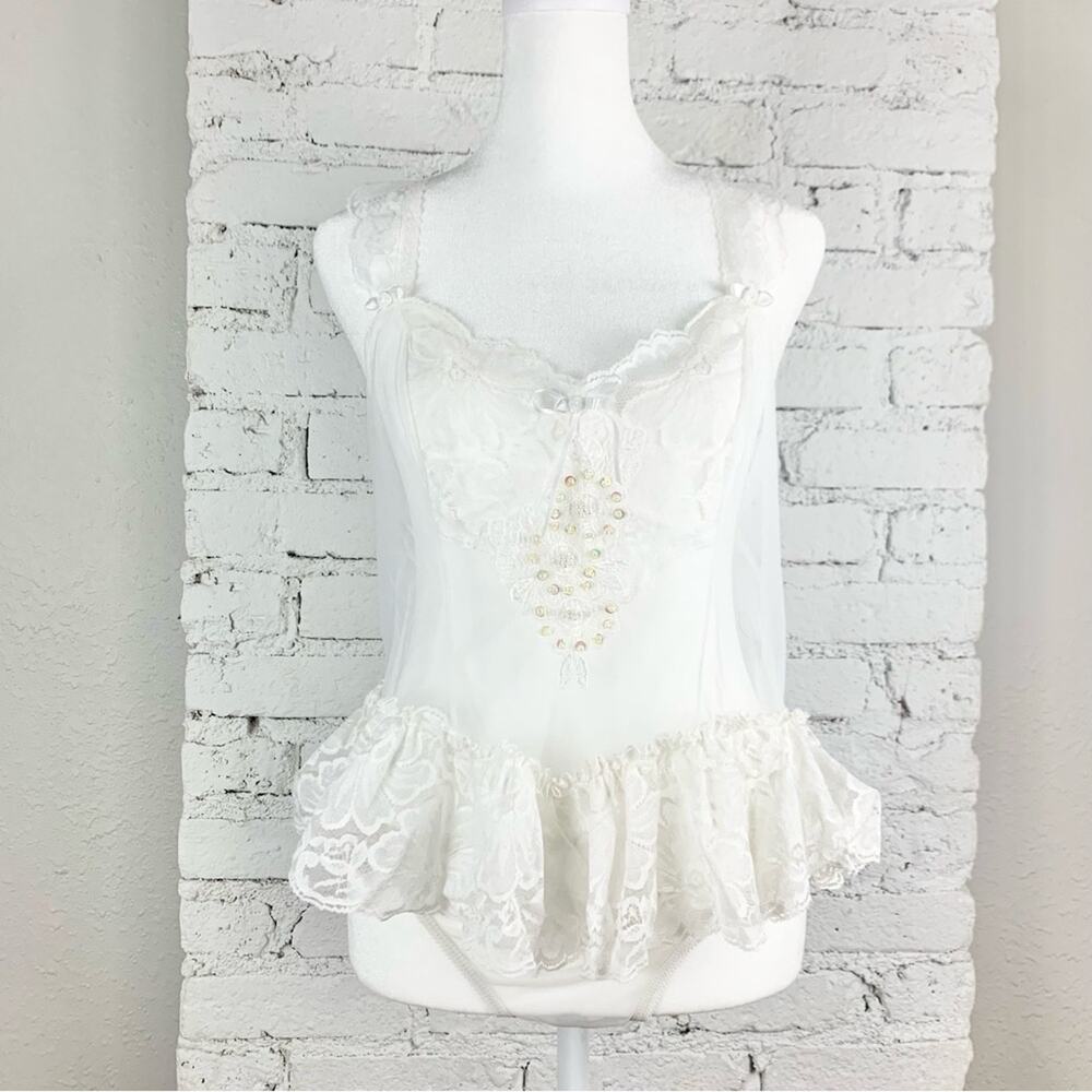 VTG 80s Inner Most White Cream Sequin Embroidered Lace Lingerie Teddy Set Medium